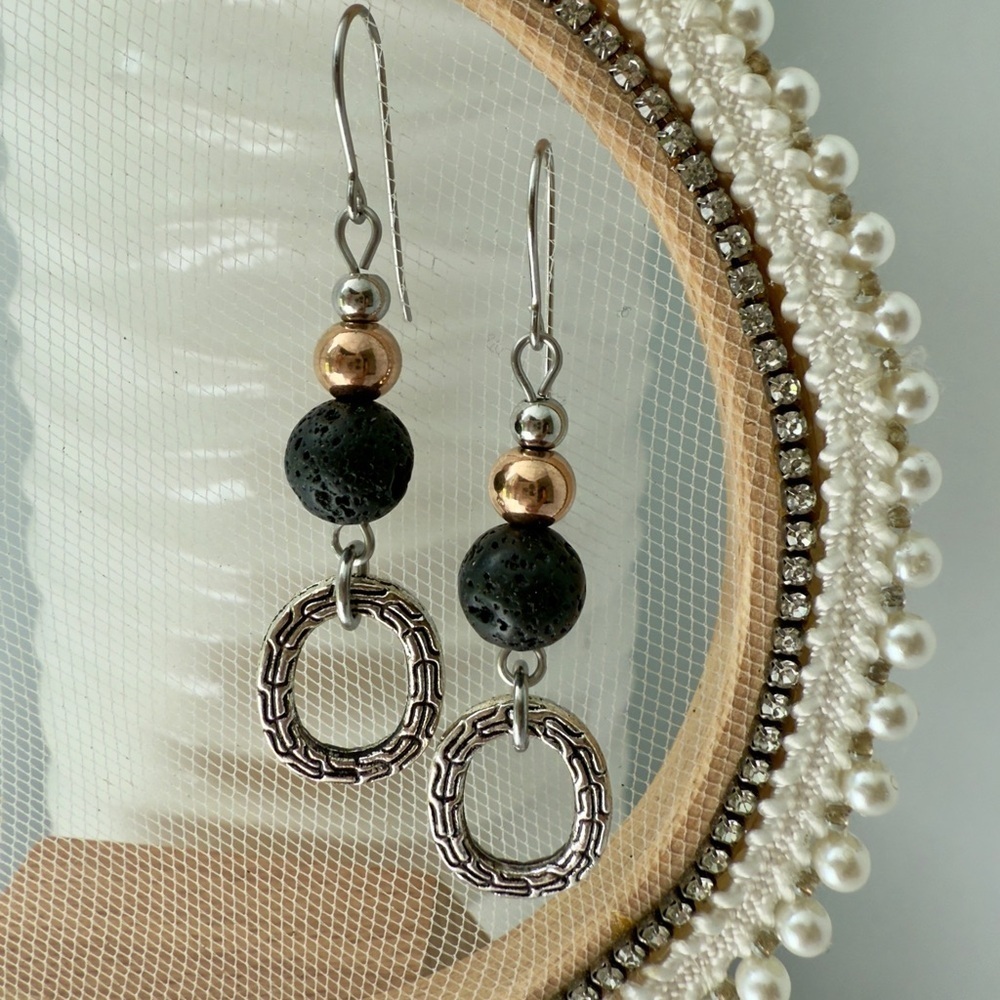 Ladies Dangle Beaded Earrings Mixed Metals And Lava Stones